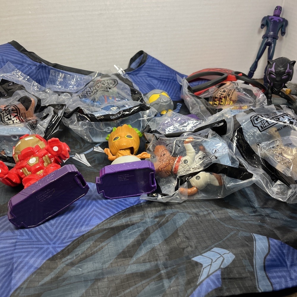Marvel Toy Lot McDonald Spider-Man Panther Guardians Iron Man Bag Glasses 16